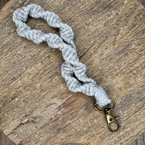 Macrame Flower Keychain Gray Purse Charm FAST SHIP NEW - Picture 3 of 4